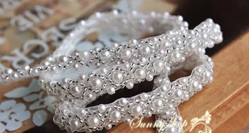 

beading trim by the yard, pearl and clear glass beads trim