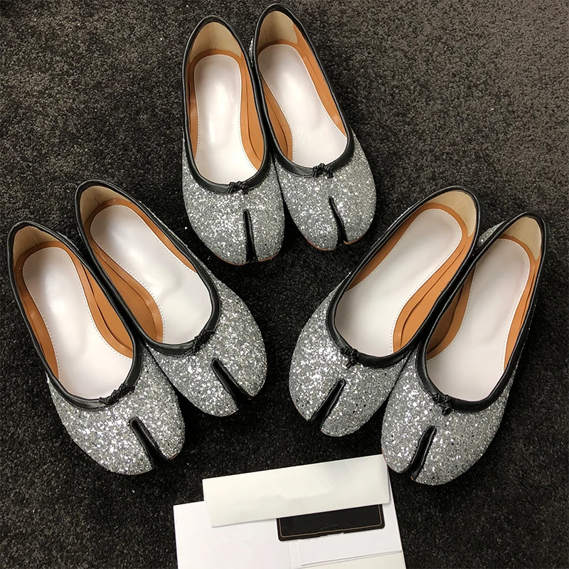 

New Fashion Toes separated Women Loafers Shiny Sequined Cloth Slip On Causal Shoes Runway Party Dress Shoes zapatos de mujer 40
