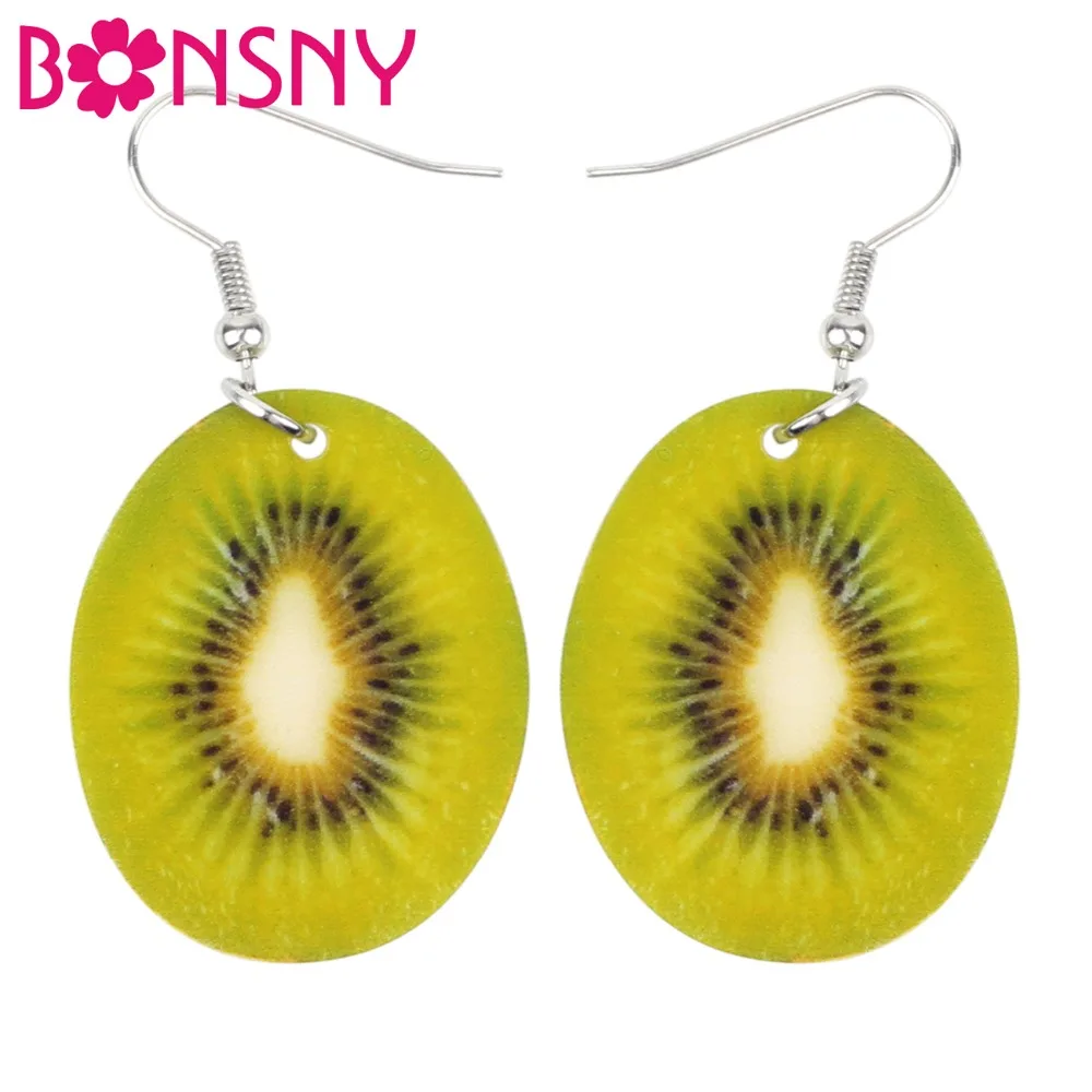 Bonsny Acrylic Lovely Green kiwi Fruit Earrings Big Long Dangle Drop