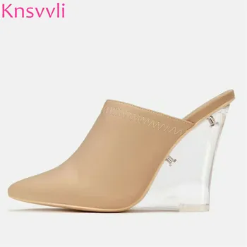 

Knsvvli 2019 Summer Clear Wedge Heels Slippers Women Pointed Toe Stretch Cloth Slip On Sexy Transparent High Heels Woman Mules