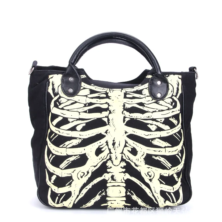 2018 New creative Canvas Casual Tote Bags Women Men Rivet Luminous Paint Handbag Glow Skull Bone Printed Black Large | Багаж и сумки