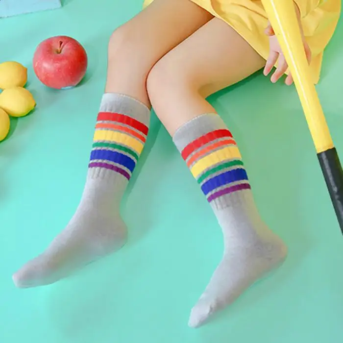 1 10 Years Old Children Socks Color Striped Girls Fashion Rainbow Knee