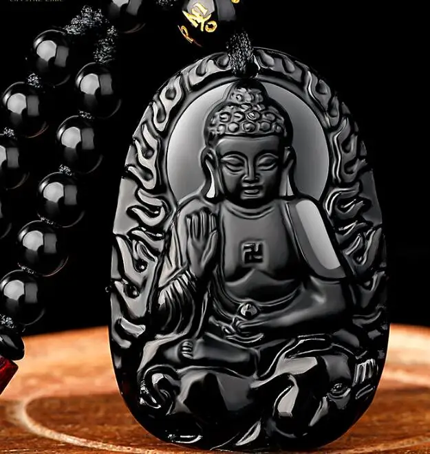 

Beautiful Chinese handmade natural Obsidian twelve Chinese Zodiac Buddha necklace, female big day Tathagata Pendant