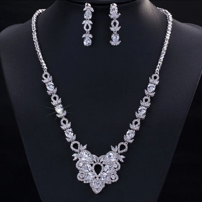 

Moonso 925 solid Sterling Silver bridal wedding Jewelry for women engagement zirconia Earrings and Necklace J1908
