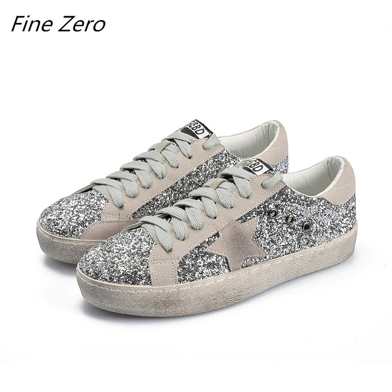 

Fine Zero New Women's Skateboarding Shoes Glitter Leather Do Old Dirty Sneakers Mixed Color Lace Up Flat Shoes Sneakers Women