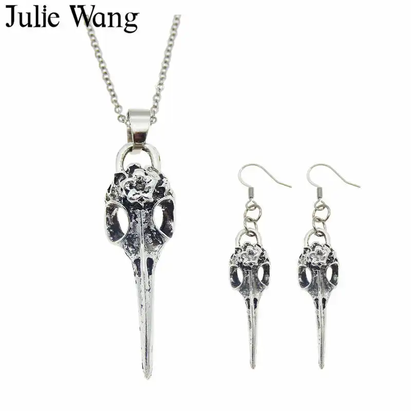 

Julie Wang Alloy Raven Bird Beak Skull Necklace Pendants Earrings Jewelry Sets Antique Silver Fashion Women Party Gifts