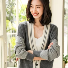 Women Long Sleeve Knitted Cardigan Sweater Casual Autumn winter Outwear color block preppy style V neck wool sweaters new preppy style children s clothing spring autumn winter long sleeve sweater cardigan boys cotton v neck solid kids sweaters