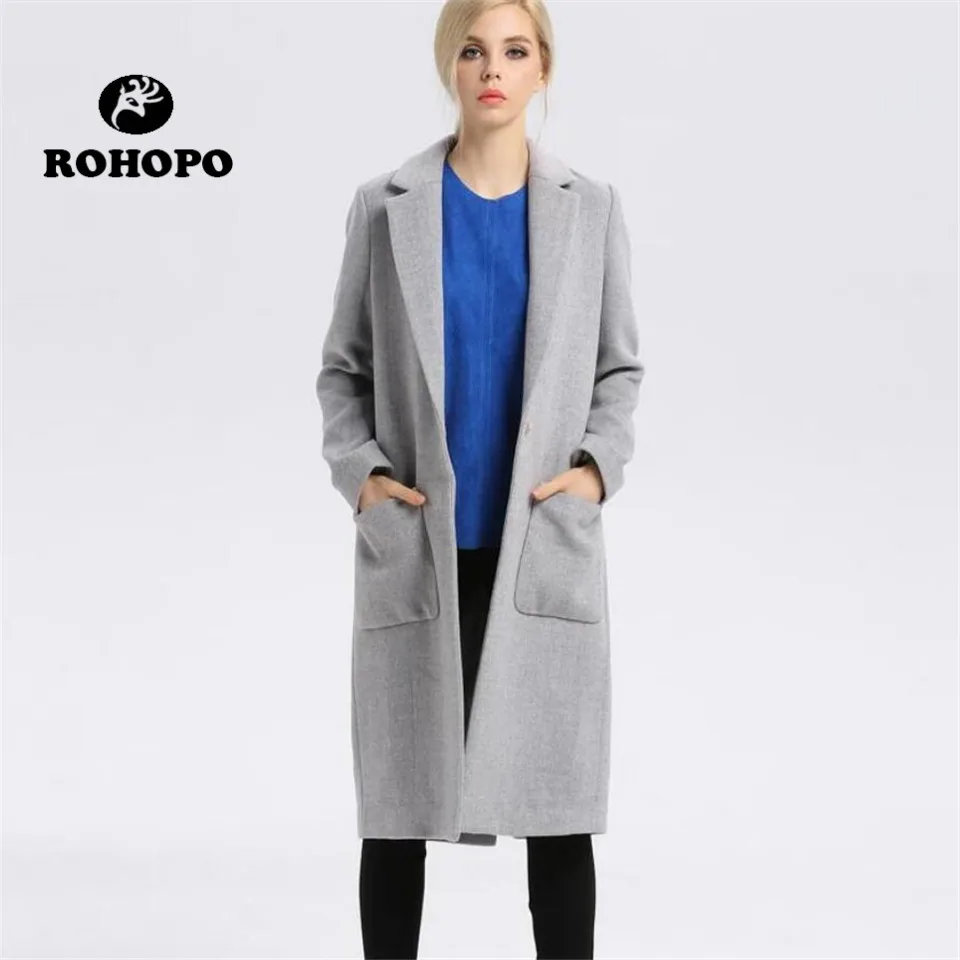 

ROHOPO Knee length long wool blends jacket 2018 Winter brand female single button long coats navy blue/gray/black overcoat Girl