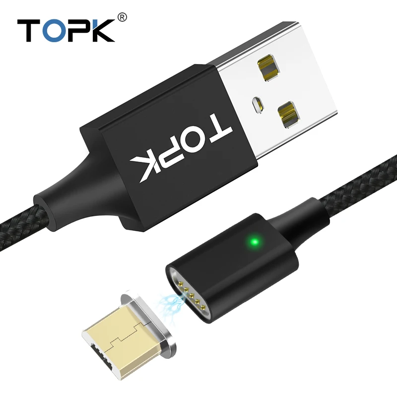 TOPK F-Line2 светодиодный магнитный Micro USB кабель для samsung Xiaomi huawei кабели для мобильных телефонов нейлоновый Плетеный Магнитный кабель для зарядки и передачи данных