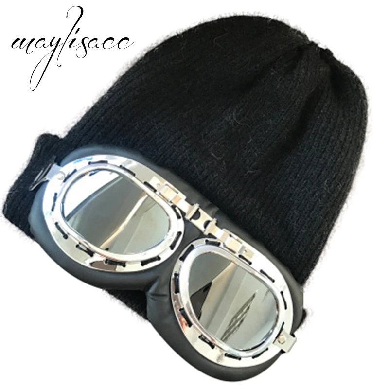 

Maylisacc NEW 9 Colors Winter Knitted Hat Warm Beanies Skullies Ski Cap with Aviator Glasses for Women Men Outdoor Sports Cap