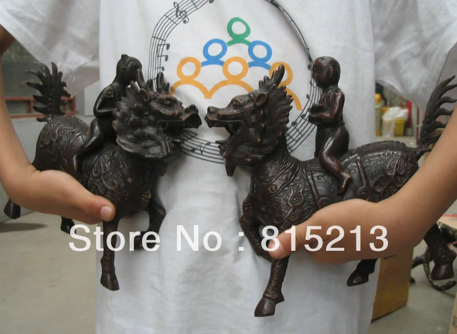 

wang 00067 Collectibles a pair good luck Animal boy and girl at "QILIN" Kirin bronze Statue