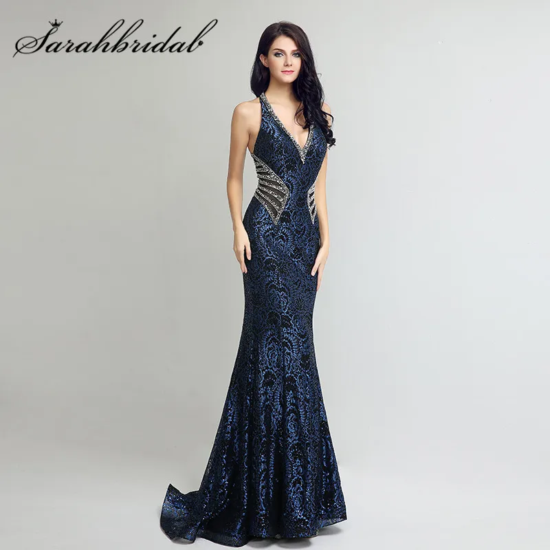 

Sexy V Neck Evening Dresses Long In Stock Mermaid Navy Blue Sweep Train with Beading Crystals Prom Party Gowns CC235