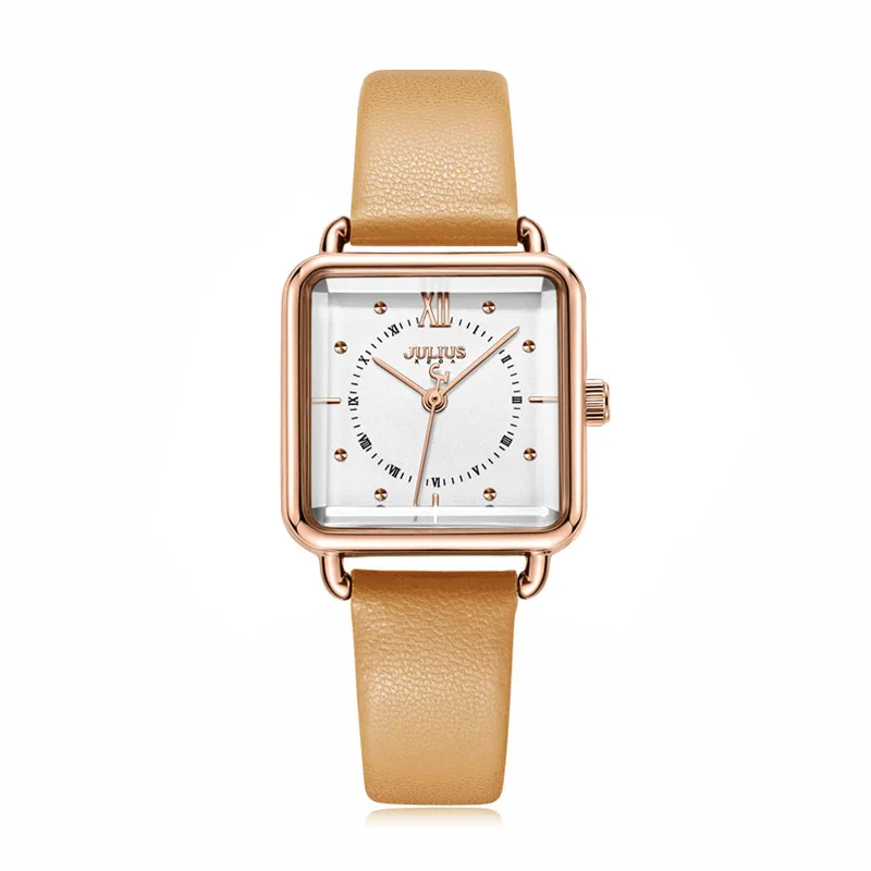 Юлий леди женские часы Япония Кварцевые элегантные простые квадратные модные часы браслет из натуральной кожи девушки подарок на день рождения коробка - Цвет: Хаки