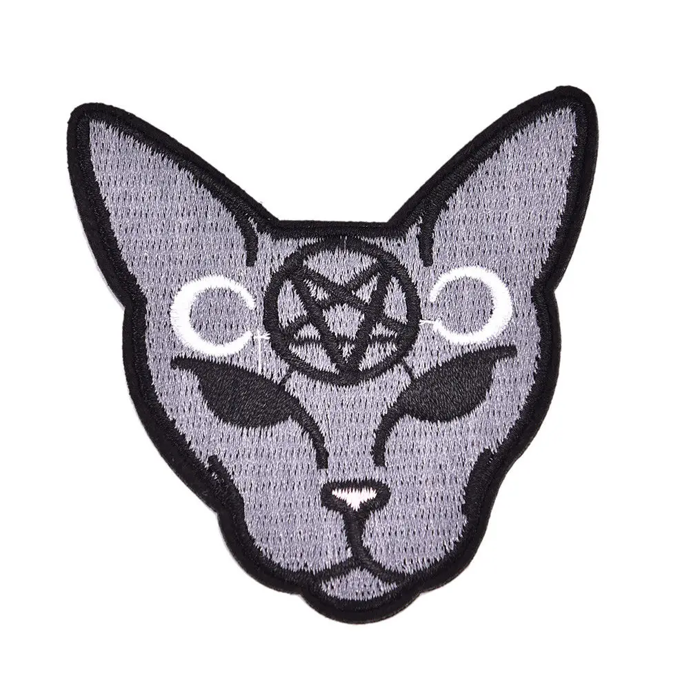 

2pcs/lot DIY Customise Cotton Halloween Inverted Pentagram Crescent Moon Gothic Cat Iron On Patch Embroidery Sewing