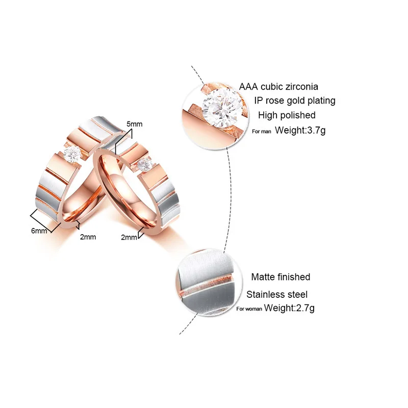 Vnox Personalize Rose Gold Color Couple Rings For Women Men Elegant Stainless Steel CZ Stone Wedding Band Customize Lover Gift