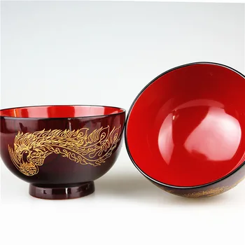 

Dragon Phoenix Carving Wooden Bowls Chinese Red Style Food Bowls Soup Rice Noodles Bowls Kids Kitchen Tableware
