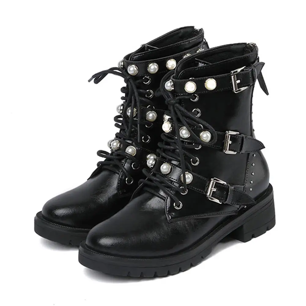 

Genuine Leather Women Martin Boots Pearl Spring Woman Shoes Casual Buckle Boots Shoes Woman ankle boots Female
