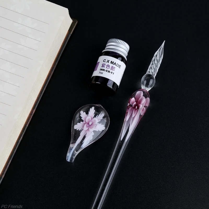VintageHandmadeArtElegantCrystalFloralGlassDipPenSignInkPens