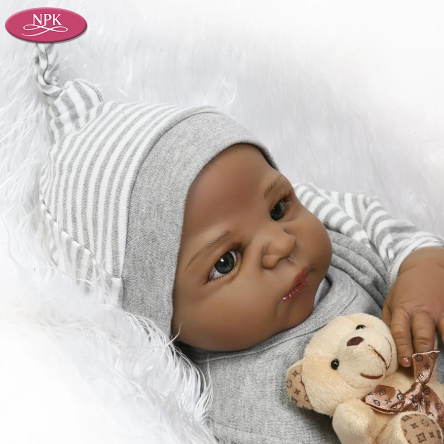 NPK 56CM Full Body Silicone Black Boy Reborn Baby Doll + Stuffed Toy Soft Bear Children Bathe Playmate Toys Lifelike Bebe Menino (7)