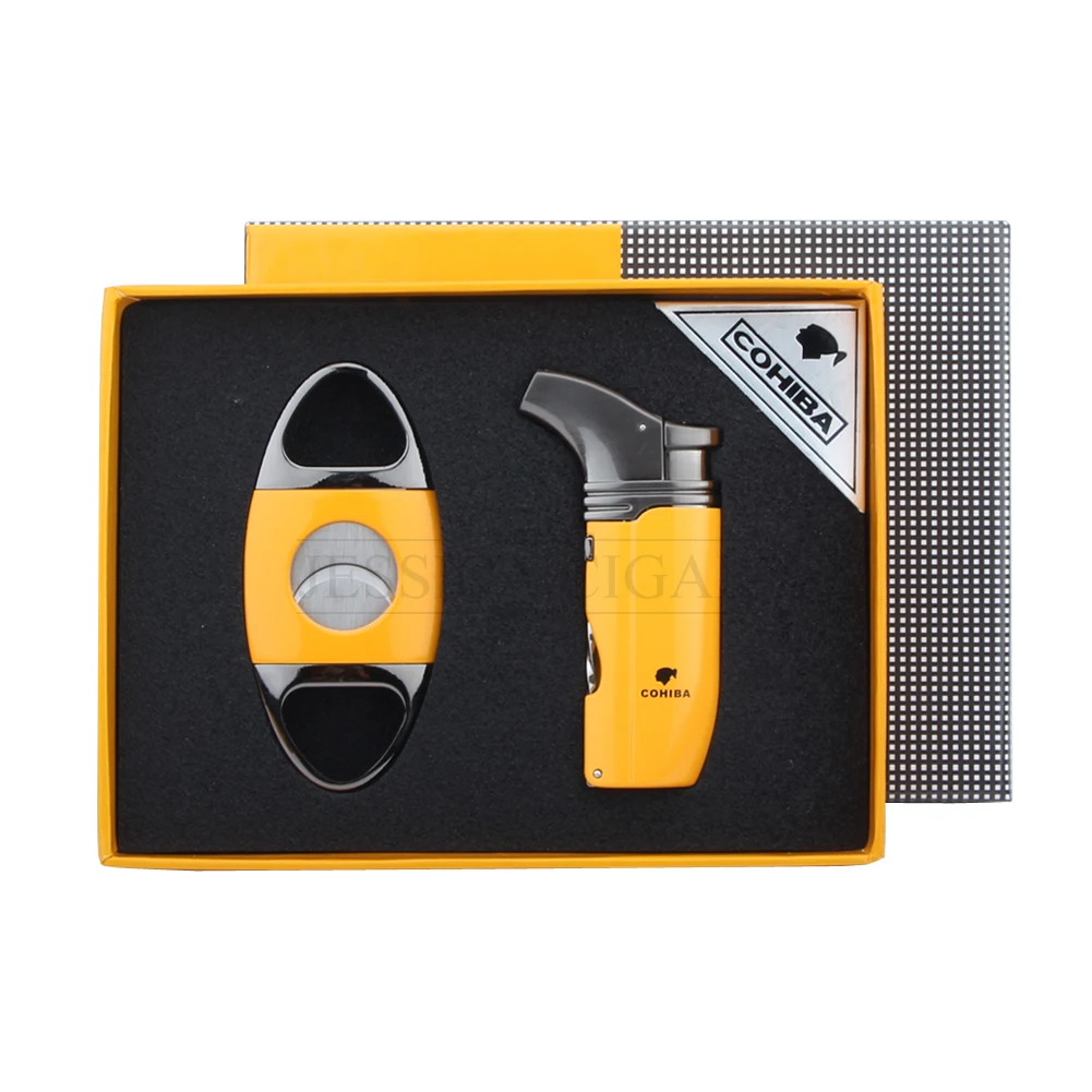 COHIBA Portable Cigar Gift Set Windproof Lighters 2 Jet Flame Torch Cigar Lighter Sharp Cigar