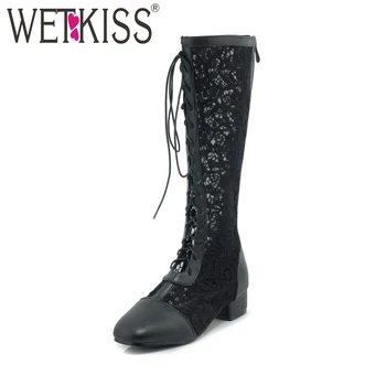 

WETKISS New Thick Heel Knee High Summer Women Boots Zipper Lace Footwear Antumn Fashion Casual Cross Tied Boots Pu Ladies Shoes