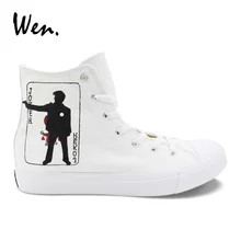 Вэнь белые парусиновые кроссовки с высоким берцем дизайн Джокер покер ручная роспись обувь для взрослых Большие размеры унисекс Вулканизированная обувь на плоской подошве