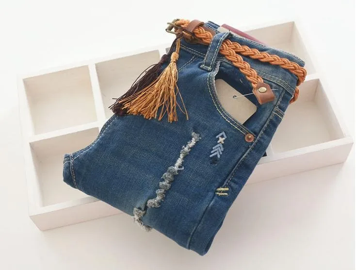 

New Arrival Baby Girls Spring Autumn Denim Jeans Girls Fashion Distrressed Skinny Jeans Kids Long Pants With Belt