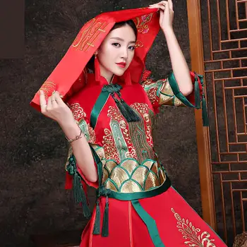 

Mandarin Collar Overseas Chinese Qipao Asian Bride Dress Satin Tassel Toast Clothing Elegant Exquisite Vintage Vestidos Costume