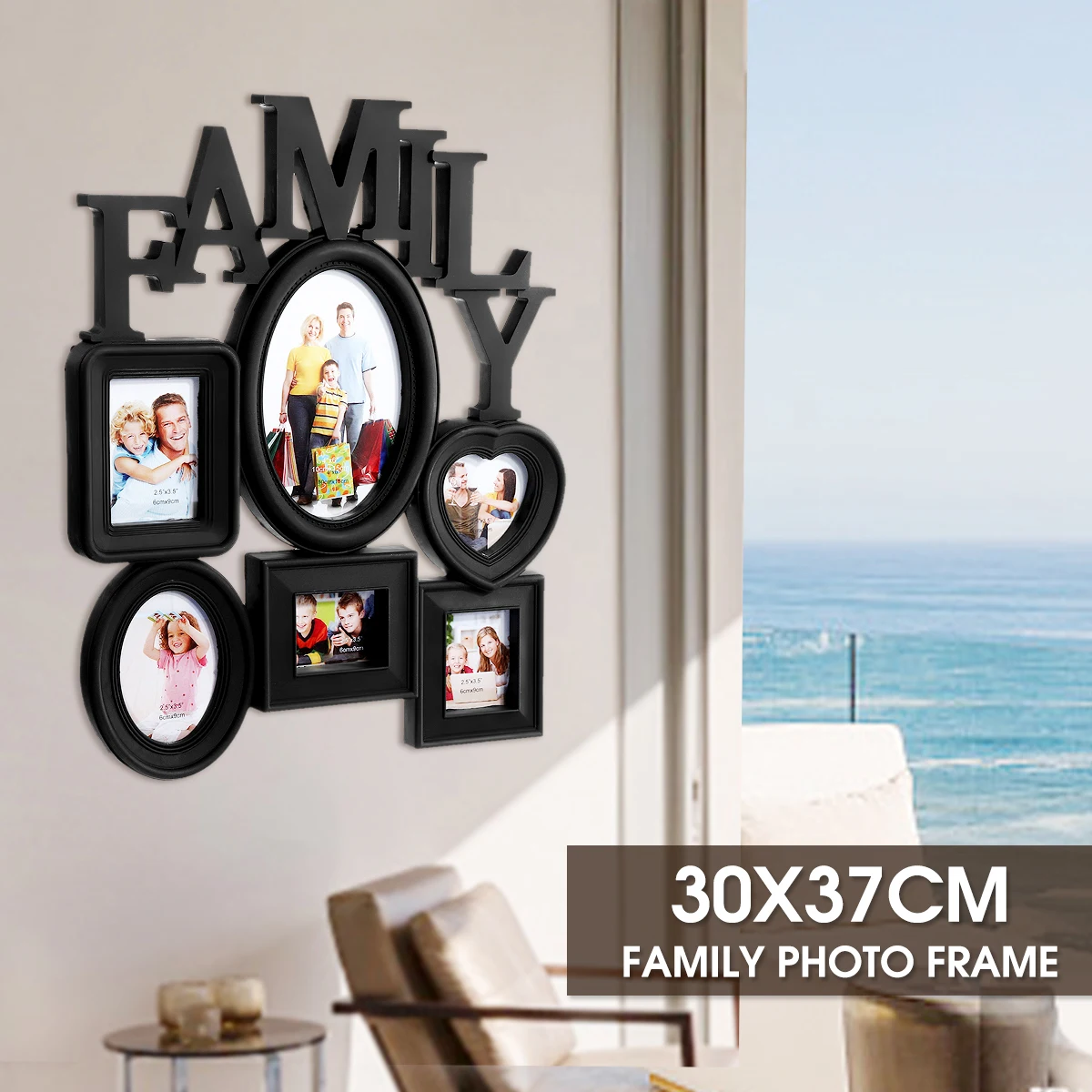 Семейная фоторамка, настенная, 6 разных размеров, держатель для фотографий, дисплей, домашний декор, подарок, черная, 30x37 см, задняя сторона, с язычками