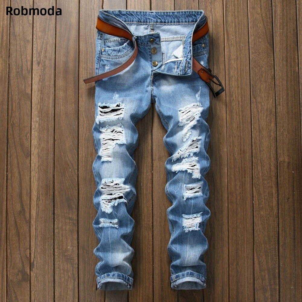 

2019 slim fit jeans men pants hot sale Ripped holes button skinny biker jeans blue Denim Trousers Straight Washed with Pleated