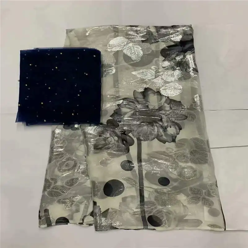5+ 2 ярдов Высококачественная шелковая ткань для женского платья вышитая шелковая ткань Африканская металлическая шелковая ткань! XLF5216 - Цвет: Серый