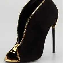 Конструктор Deep Toe V-образный Ботильоны Черные Замшевые Золото Металлическая Застежка-Молния-Каблук Booty Женщины Вамп Насосы реальные Фото
