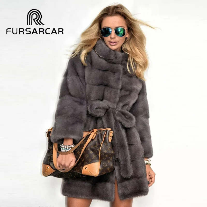 

FURSARCAR New Arrival Real Mink Fur Coat Women Hot Sale 85 CM Long Genuine Mink Fur Female Coat With Fur Collar High Quality