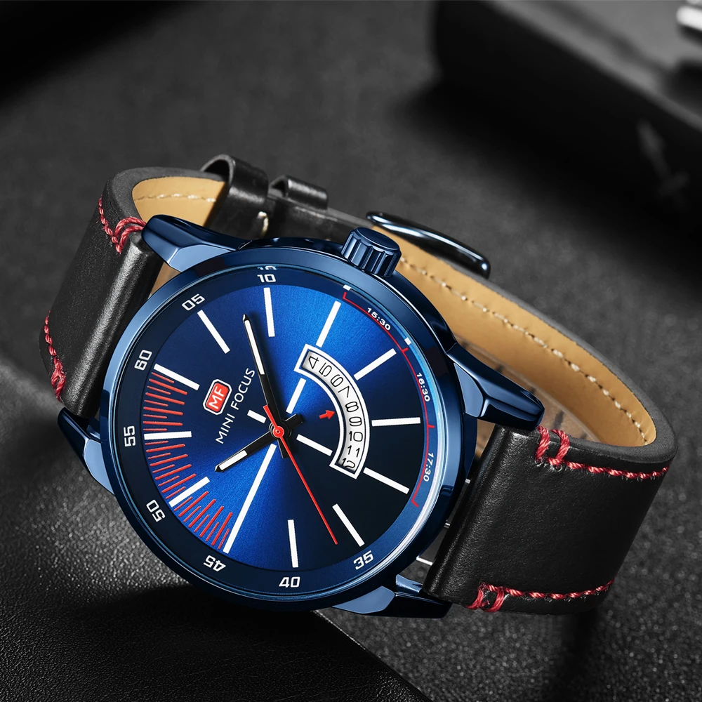 

MINIFOCUS Sports Watches Waterproof Quartz Clock Men Military Watch Genuine Leather Strap Date Display Casual Dress Wristwatch