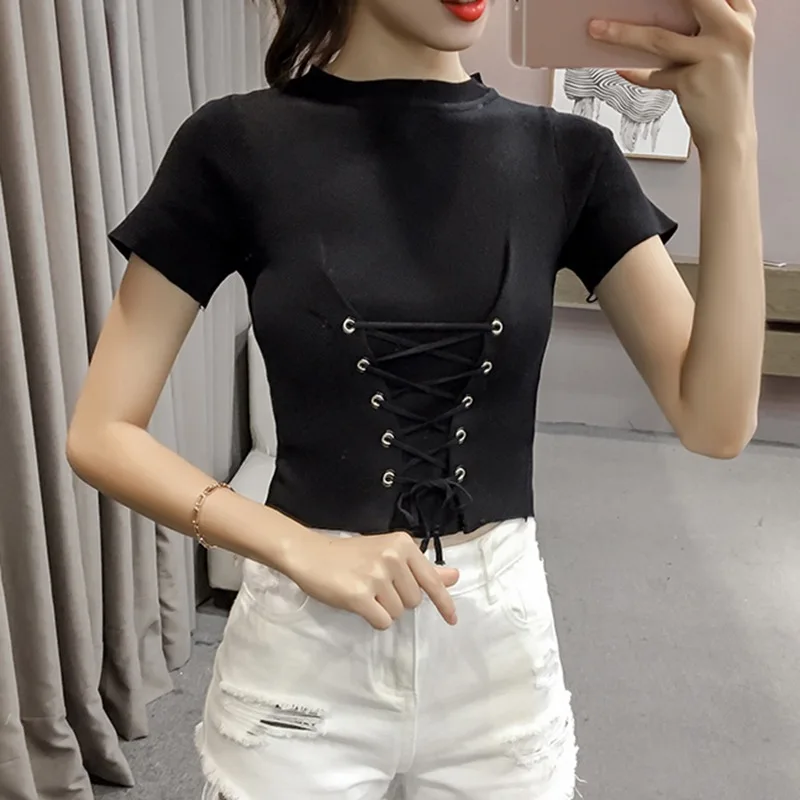 

Short Sleeve Women Solid Slim T-Shirt Fashion O Neck Lace Up Lady Sexy Tops Knitted Basic Tshirt Casual Female Tee Tops
