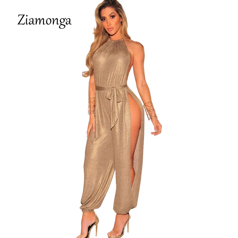 Ziamonga, сексуальные модные длинные штаны, женский комбинезон с круглым вырезом, без рукавов, с открытыми плечами, с разрезом сбоку, облегающие Женские комбинезоны-мини