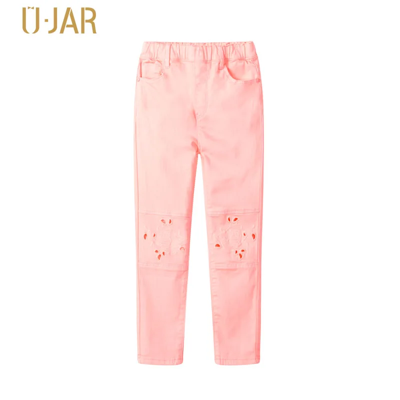 

UJAR Pink Colour Girls Jeans Hollow Out Owl Cartoon Embroidered Full Length Children's Cotton Jeans U43O210