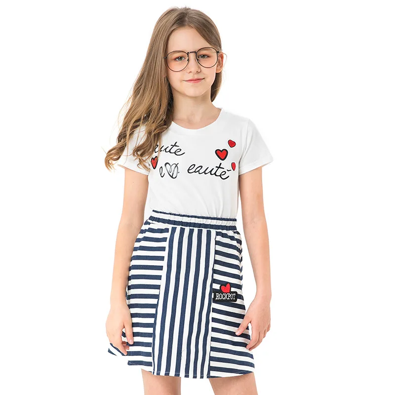 

2019 Summer Girls Clothes Kids Tracksuit Girls Dresses T-shirt 2 pcs Children Clothing lattices Girls Suit 6 8 10 12 14 year