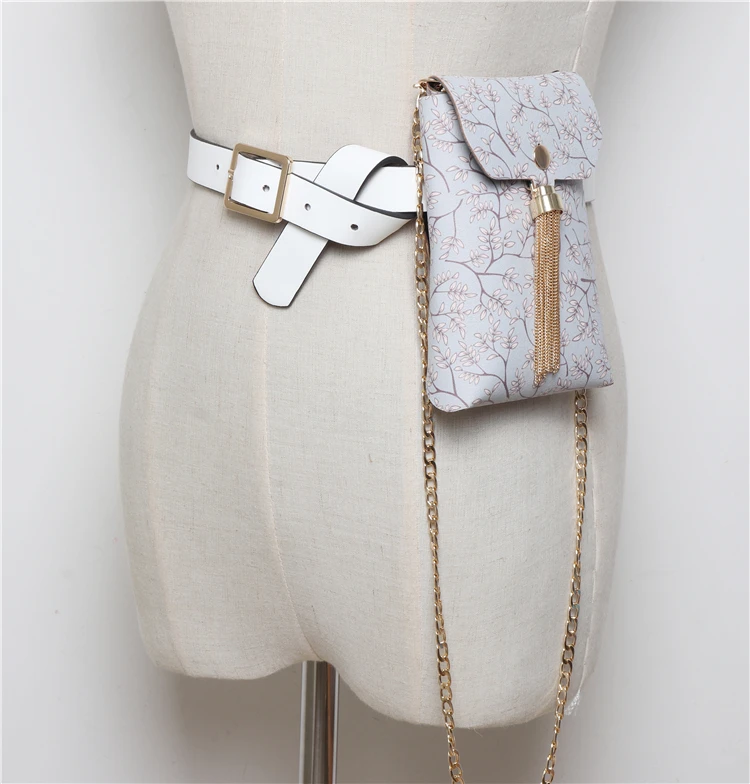 2019 винтажный цветочный принт PU кисточкой бахрома поясная сумка для женщин ПВХ пояс с сумкой для девочек Сумка для телефона Длинная цепочка