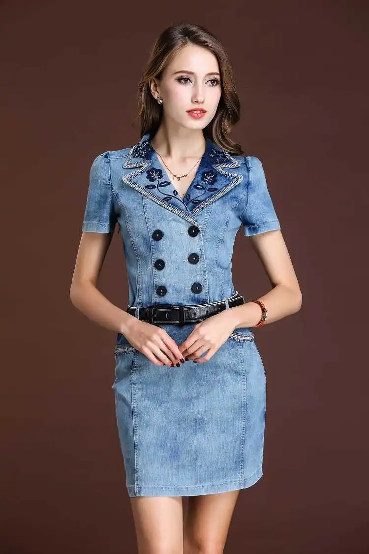 2015 Summer Style Women's Short Sleeve Diamonds Denim Dress Fashion