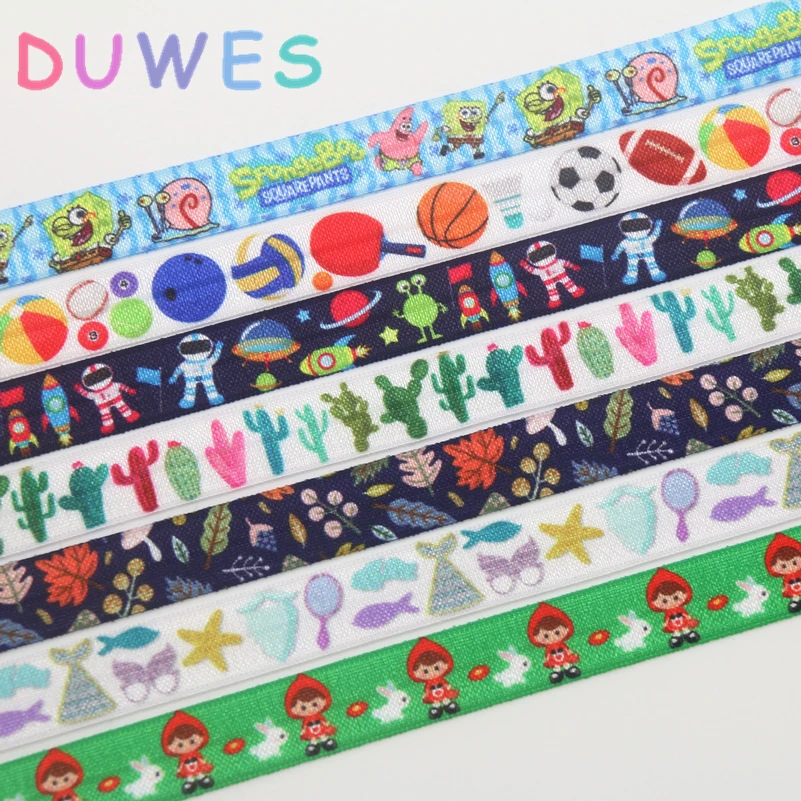 DUWES 5/8'' 50yards ball cartoon cactus space printed Fold Elastic FOE stretch ribbon hairbow headwear headband DIY OEM D1071