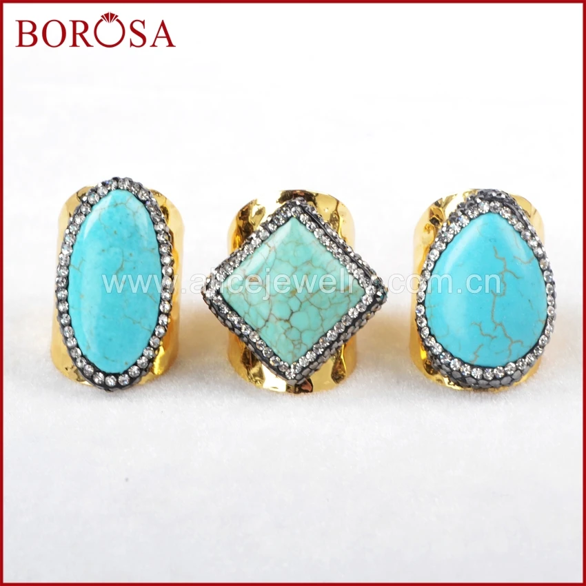 

BOROSA Multi-Kind Shape How-lite Stone Gold Band Ring Crystal Paved Zircon Natural Howlite Stone Druzy Drusy Ring Gems JAB471