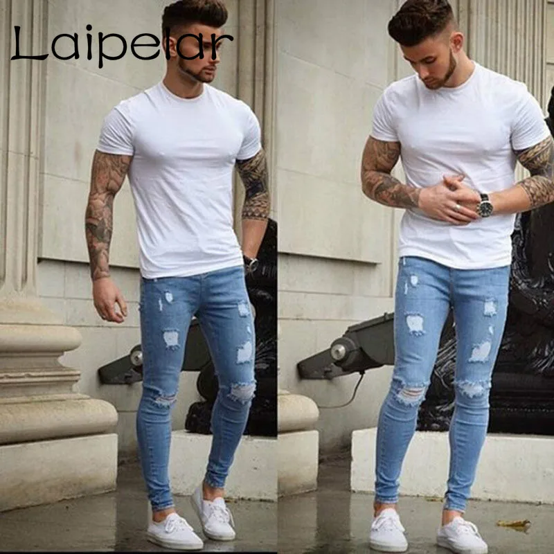 

Men's Ankle Length Slim Jeans Pants Summer Ripped Pencil Pants Trousers Casual Denim Skinny Mens Jeans Laipelar