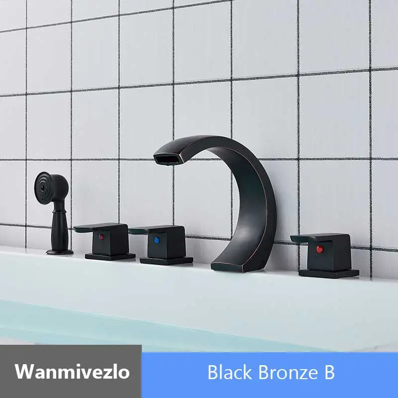 Black Bronze 5pcs Waterfall Bathtub Faucet Brass Waterfall Bathroom Faucet 3 Handles Mixer Tap Torneiras Pull out Handshower