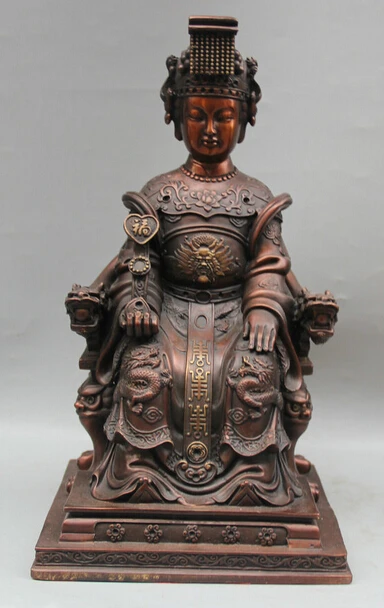 

007280 13" Chinese Folk Red Bronze Seat Queen Mother Of The West God Statue Sculpture