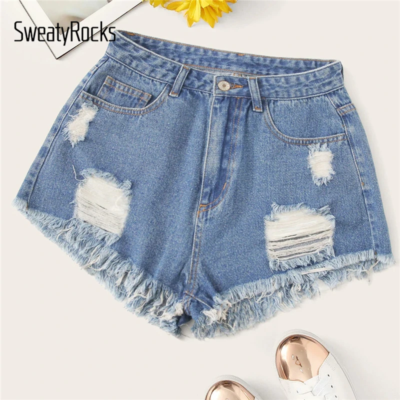 

SweatyRocks Ripped Frayed Edge Denim Shorts Women Streetwear Casual Blue Shorts 2019 Fashion Summer Solid Button Fly Shorts