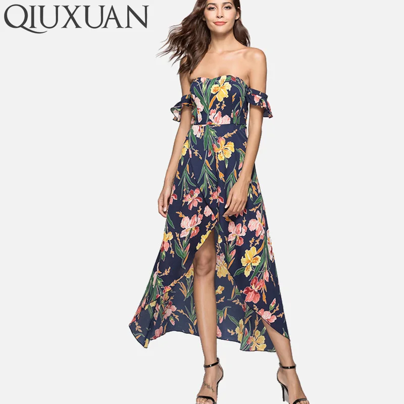 QIUXUAN Summer font b Floral b font font b Print b font Off Shoulder font b