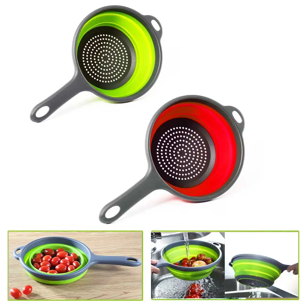 

Foldable Food Colander Fruit Vegetable Washing Silicone Basket Strainer Collapsible Filter Water Colander Handle Kitchen Tools
