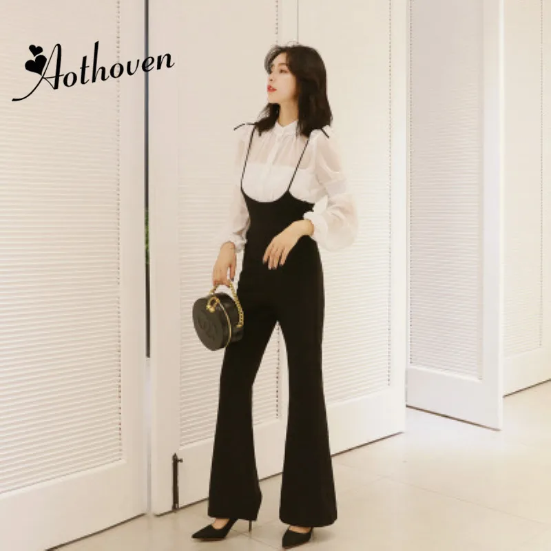 Комплект из 2 предметов, осенняя Женская белая рубашка с длинным рукавом и повседневные черные брюки, офисные брюки на подтяжках, комплект
