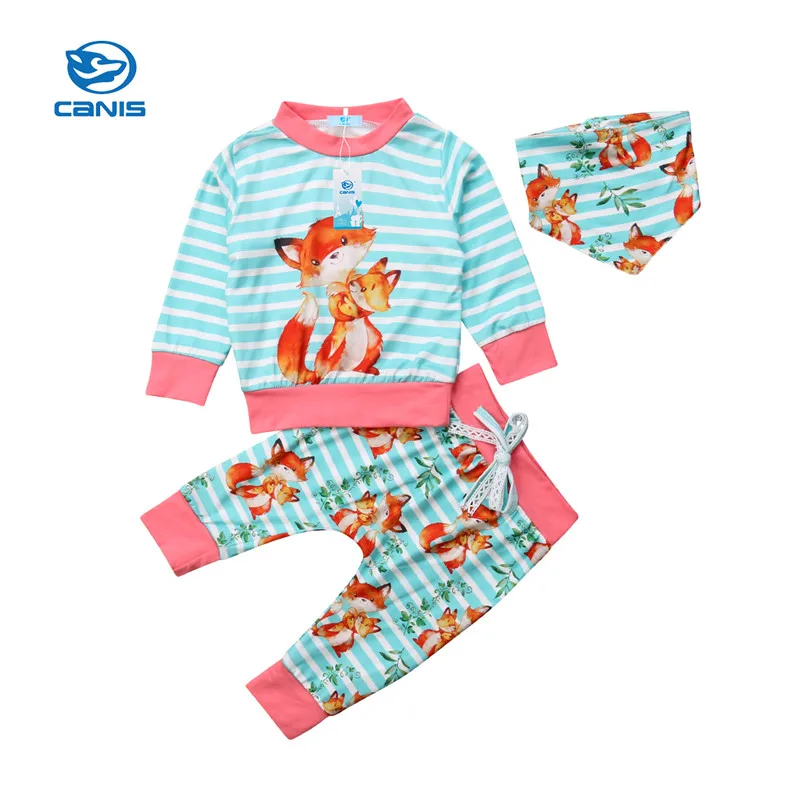 CANIS/топы для новорожденных девочек, футболка с лисой штаны с цветочным принтом, леггинсы нагрудники наряды, одежда для малышей из 2 предметов